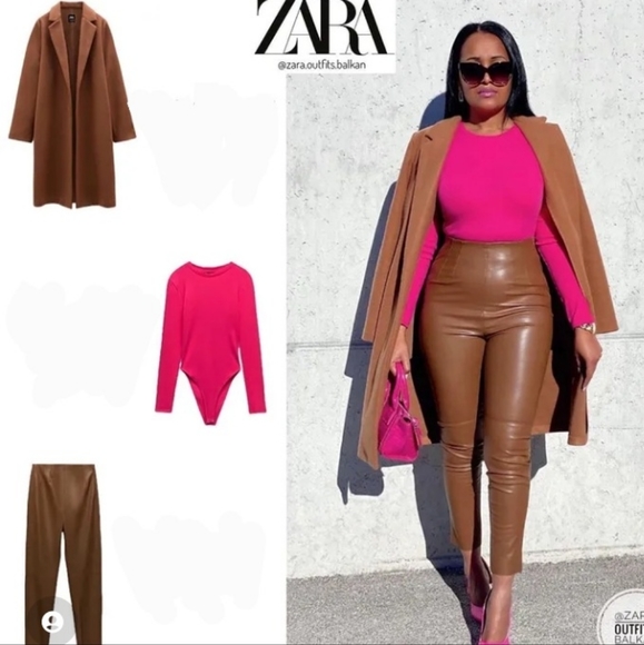 NTW Zara High Waist Cigarette Brown Leather Trouses Dress Pants - Picture 1 of 4